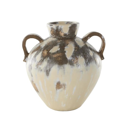 16" Cream Ceramic Antique Style Pot Vase with Arched Handles